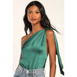 Lulus Divine Diva Emerald Green Satin One-shoulder Bodysuit - Size S
